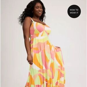 Torrid Super Soft Tiered Colorful Maxi Dress Balanced Lines Boho Modern NWT